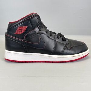 Nike Jordan 1 Retro Mid Basketball Shoes Youth Size 7Y Black Leather Sneakers